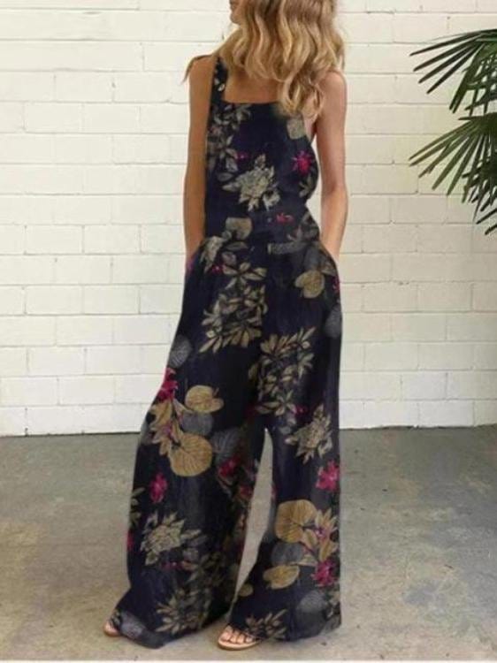 Leaf And Flower Printed Buttons Sleeveless Loose Suspenders Jumpsuit JUM2107161214BLAS Black / S