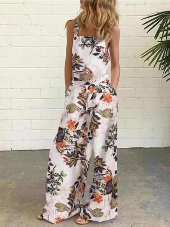 Leaf And Flower Printed Buttons Sleeveless Loose Suspenders Jumpsuit JUM2107161214ORAS Orange / S