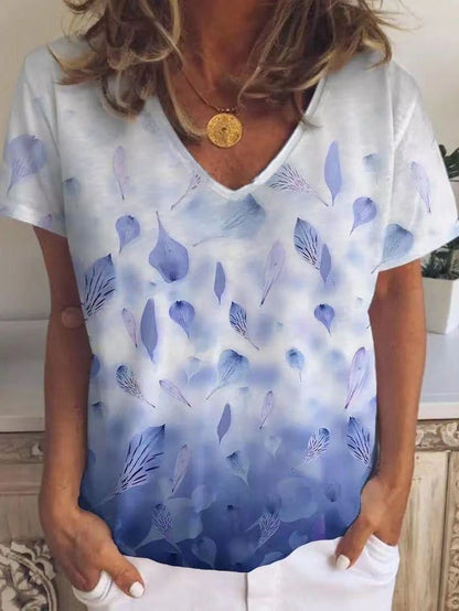 Leaf And Petal Print V-neck Short Sleeve T-shirt TSH2106030016BLUS Blue / S