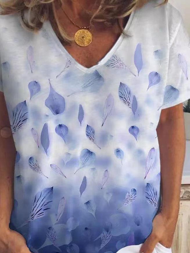 Leaf And Petal Print V-neck Short Sleeve T-shirt