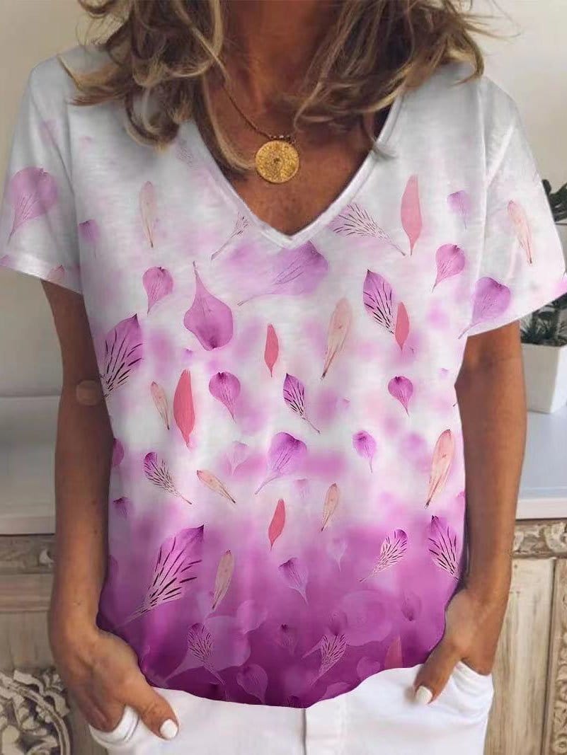 Leaf And Petal Print V-neck Short Sleeve T-shirt TSH2106030016PURS Purple / S