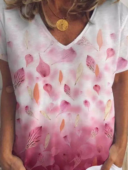 Leaf And Petal Print V-neck Short Sleeve T-shirt