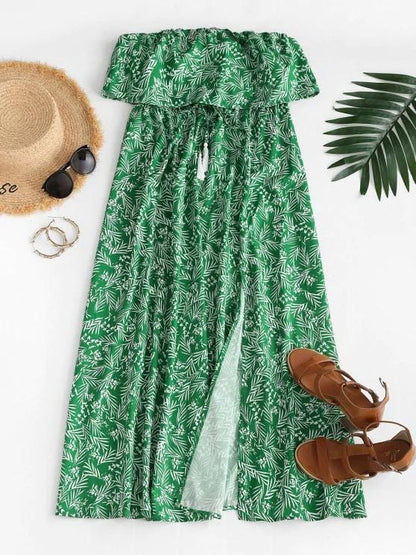 Leaf Print Flounce Slit Strapless Maxi Dress for Women