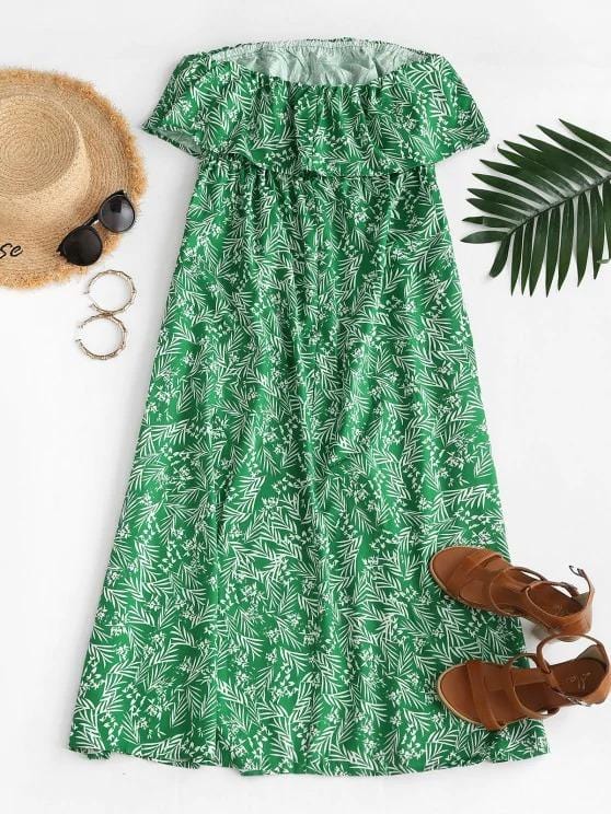 Leaf Print Flounce Slit Strapless Maxi Dress for Women