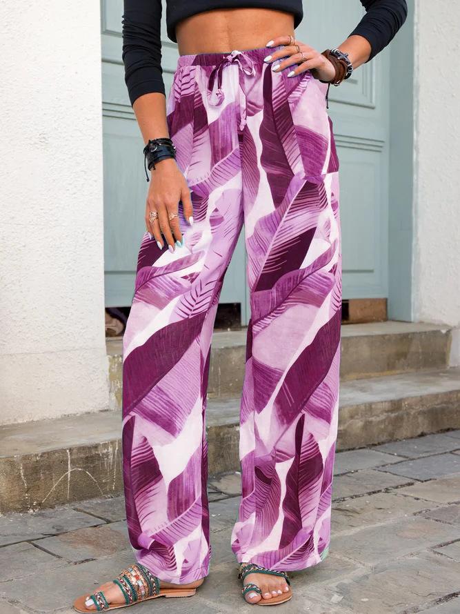 Leaf Print Lace-Up Casual Wide-Leg Pants PAN2106190044PURS Purple / S