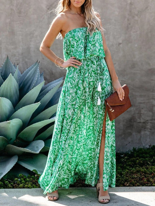 Leaf Print Off-shoulder Tube Top Dress DRE2106110402GRES Green / S