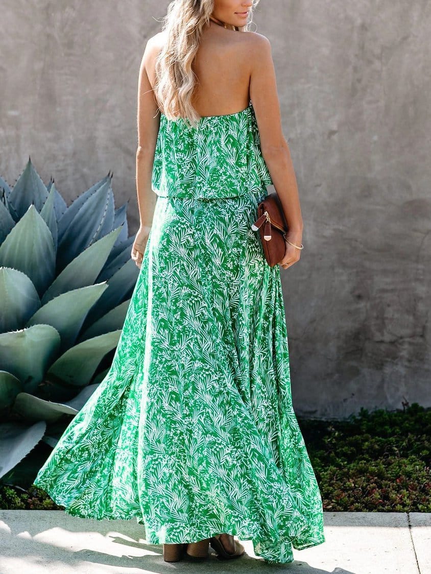 Leaf Print Off-shoulder Tube Top Dress