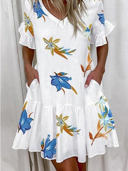 Leaf Print Ruffled Short Sleeve Pocket Dress DRE2107011496WHIS White / S