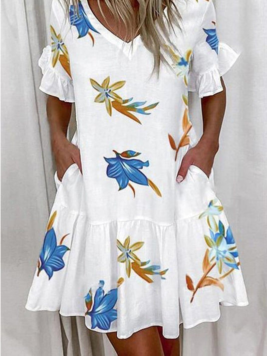 Leaf Print Ruffled Short Sleeve Pocket Dress DRE2107011496WHIS White / S