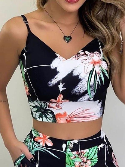 Leaf Print Suspender Slim Top Shorts Two-piece Set