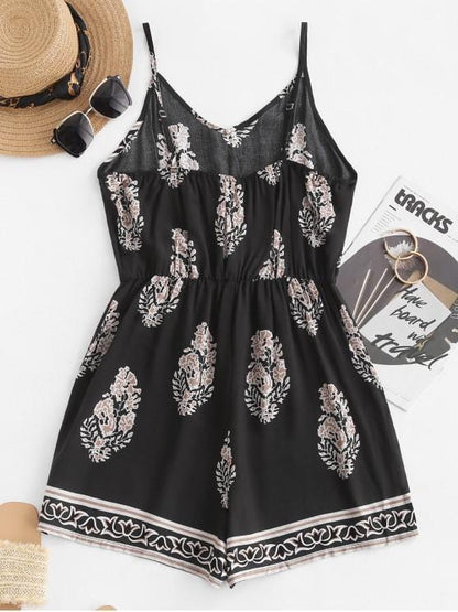 Leaf Print Wide Leg Cami Romper for Women