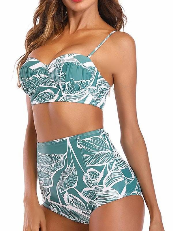 Leaf Printed High Waist Two Piece Swimsuits SWI210406116GRES Green / S