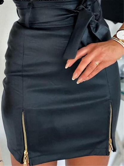 Leather Pu Strappy Zipper High Waist Bag Hip Skirt SKI2107211120BLAS Black / S