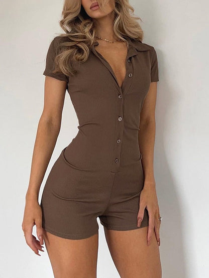 Women's Romper Button Solid Color Shirt Collar Active Street Sport Regular Fit Short Sleeve Brown Black Spring