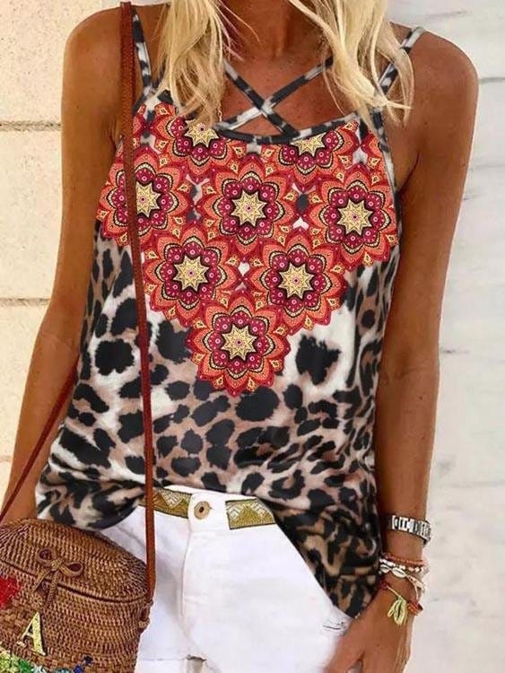 Leopard And Flower Print Camisole Vest TAN2107271347BROS Brown / S