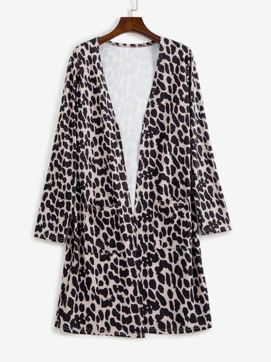 Leopard Animal Print Pocket Open Tunic Cardigan for Women