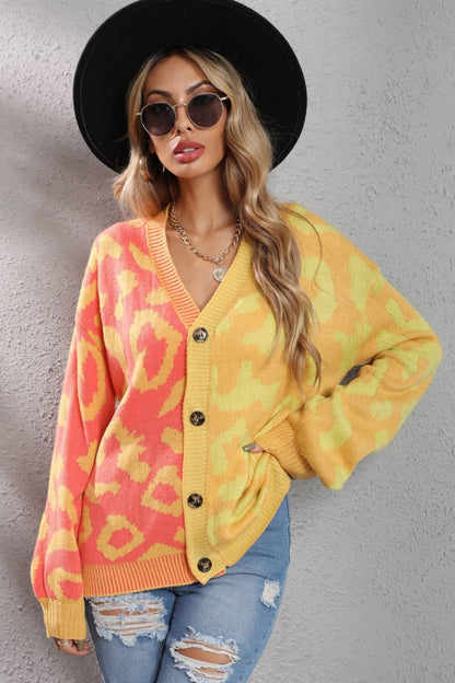 Leopard Button Front Ribbed Trim Cardigan MS231013020452FS Yellow / S