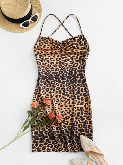 Leopard Criss Cross Backless Bodycon Dress for Women