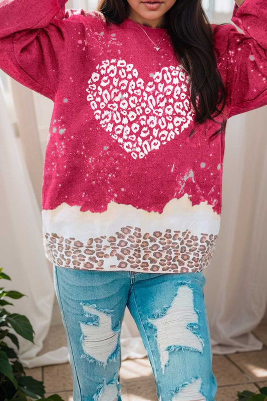 leopard heart graphic red sweatshirt with fiery bleached details 112870