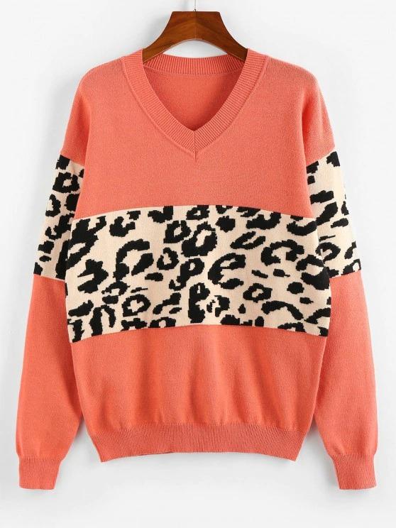 Leopard Insert Drop Shoulder V Neck Sweater for Women