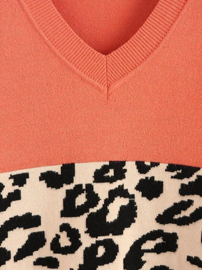 Leopard Insert Drop Shoulder V Neck Sweater - LuckyFash™