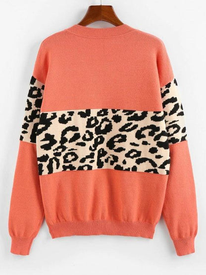 Leopard Insert Drop Shoulder V Neck Sweater - LuckyFash™