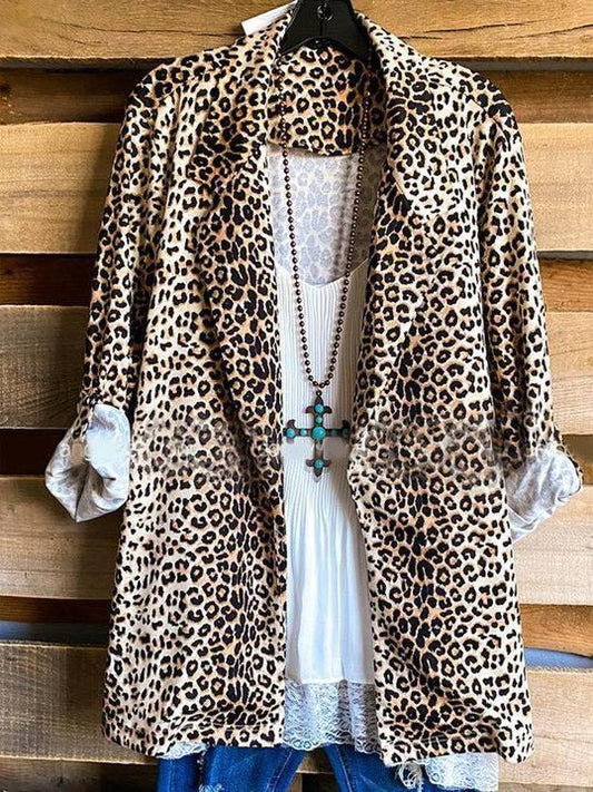 Leopard Leopard Cotton-Blend Shift Long Sleeve Outerwear for Women