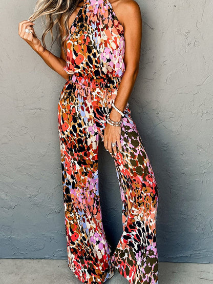 Leopard Print Halter Top and Wide Leg Pants Set in Black Multicolor