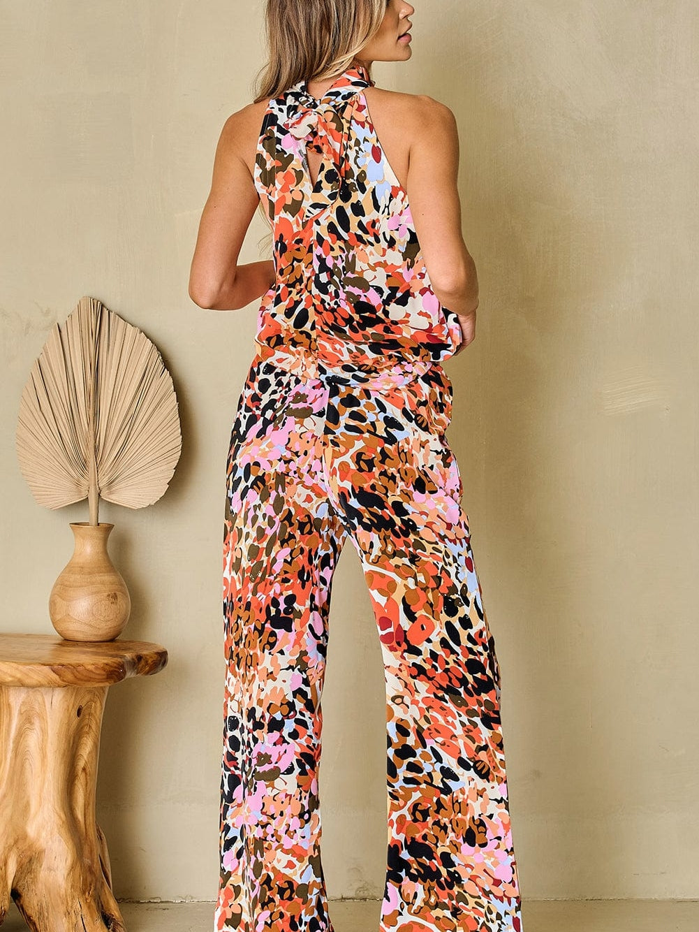 Leopard Print Halter Top and Wide Leg Pants Set in Black Multicolor