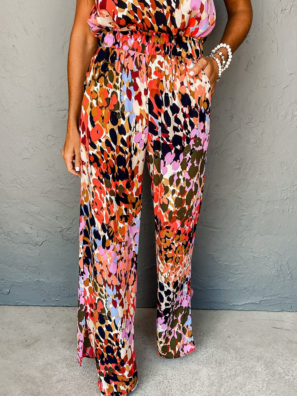 Leopard Print Halter Top and Wide Leg Pants Set in Black Multicolor