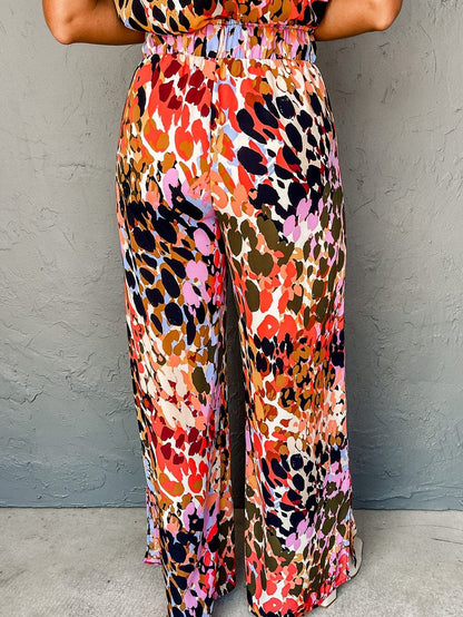 Leopard Print Halter Top and Wide Leg Pants Set in Black Multicolor