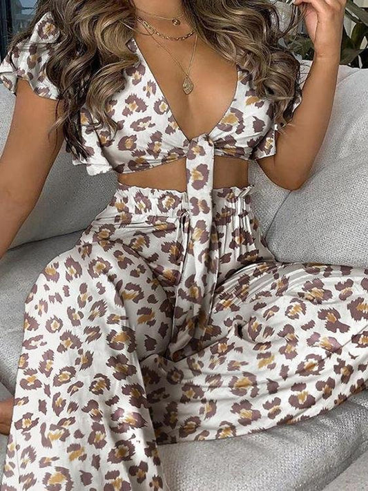 Leopard Print Lotus Leaf Sleeve Two-piece Set for Women