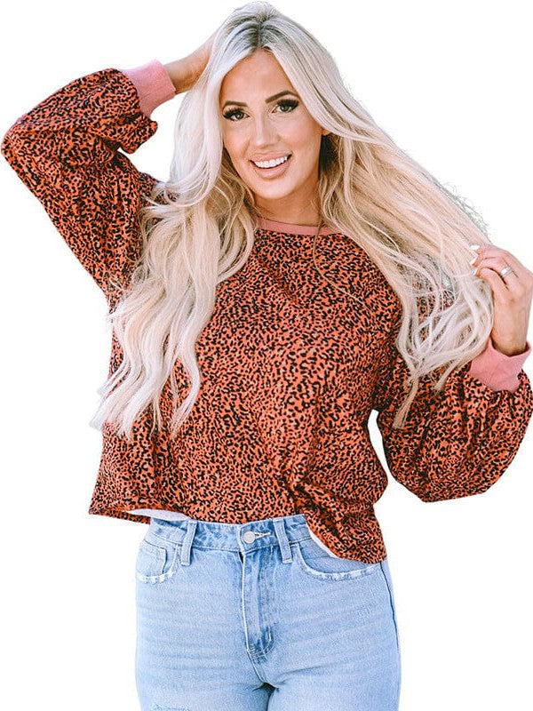 Leopard Print Pullover Sweatshirt for Women - Casual and Stylish Long-Sleeve Top with Round Neck and Loose Fit