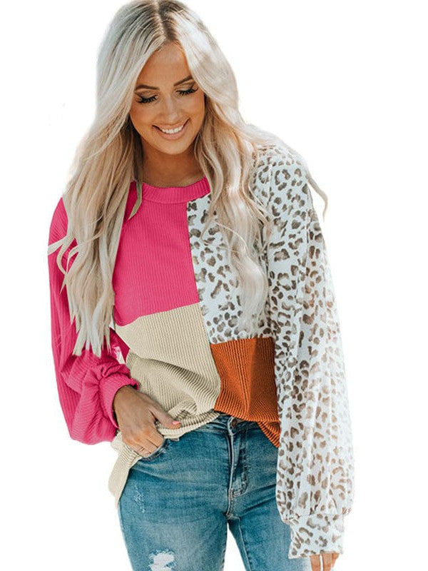 Leopard Print Pullover Sweatshirt with Round Neck and Long Sleeves for Women