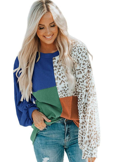 Leopard Print Pullover Sweatshirt with Round Neck and Long Sleeves for Women