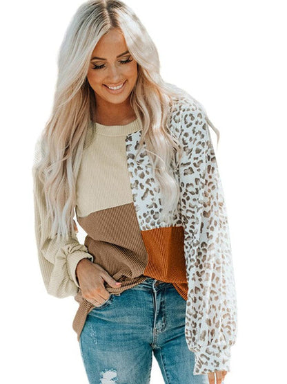 Leopard Print Pullover Sweatshirt with Round Neck and Long Sleeves for Women