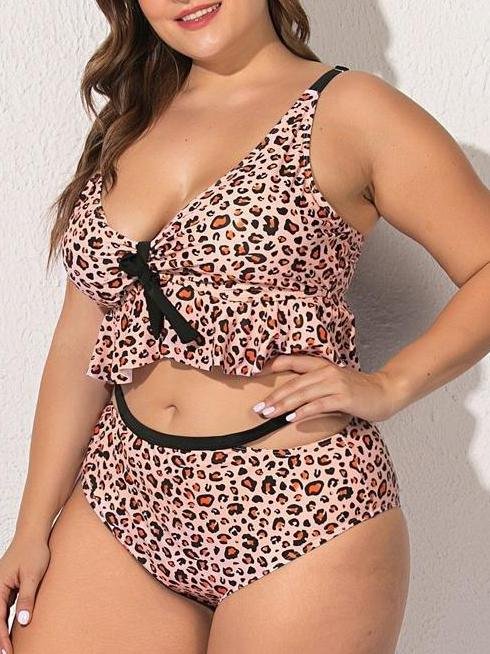 Leopard Print Ruffled Hem Bra Plus Size Swimsuit - LuckyFash™