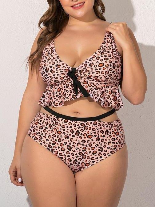 Leopard Print Ruffled Hem Bra Plus Size Swimsuit for Women