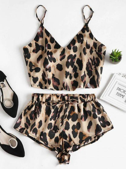 Leopard Print Satin Cami Top Shorts Pajama Set - LuckyFash™