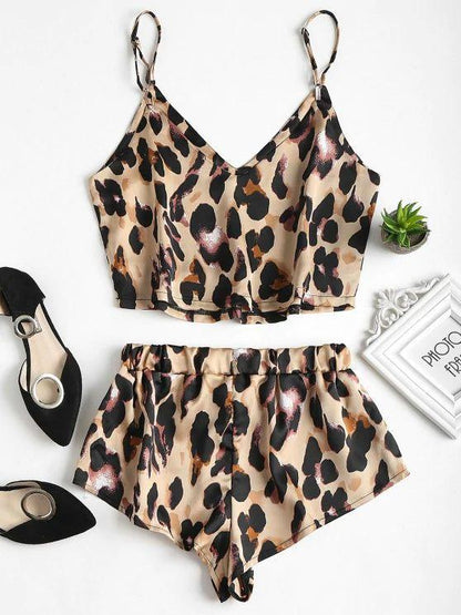 Leopard Print Satin Cami Top Shorts Pajama Set - LuckyFash™