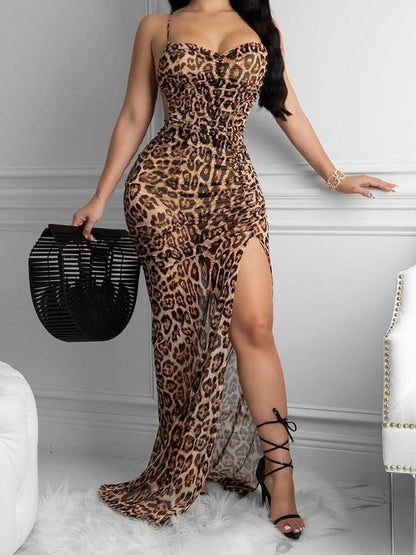 Leopard Print Slit Tie Wrap Dress for Women