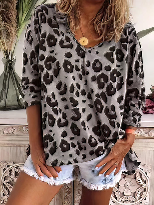 T-Shirts - Leopard Print V-Neck Long Sleeve T-Shirt - MsDressly