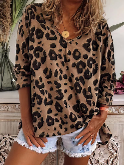 T-Shirts - Leopard Print V-Neck Long Sleeve T-Shirt - MsDressly