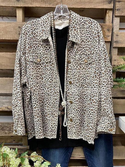 Leopard Shirt Collar Cotton-Blend Leopard Casual Jackets for Women