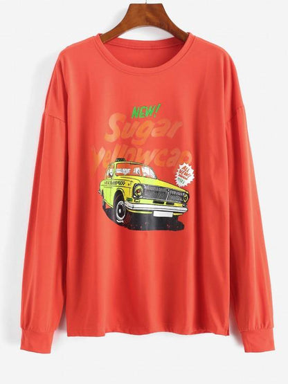 Letter Car Print Drop Shoulder Sweatshirt - LuckyFash™