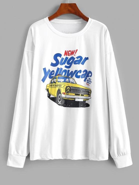 Letter Car Print Drop Shoulder Sweatshirt for Women