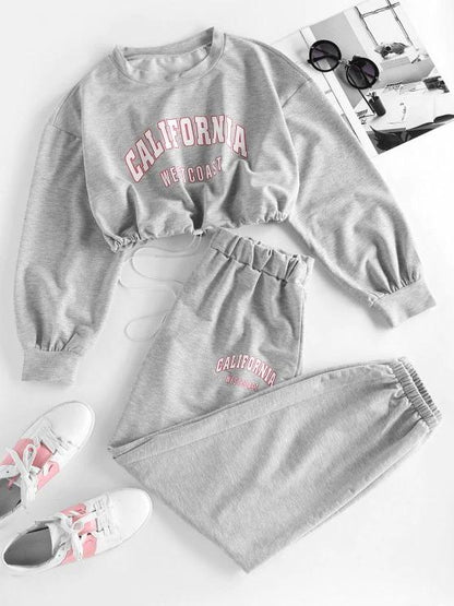 Letter Drop Shoulder Toggle Drawstring Joggers Set for Women