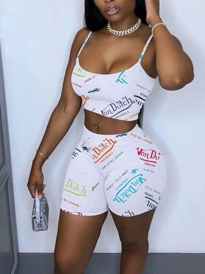 Letter Graffiti Printing Cropped Top With Casual Sports Shorts Suit for Women