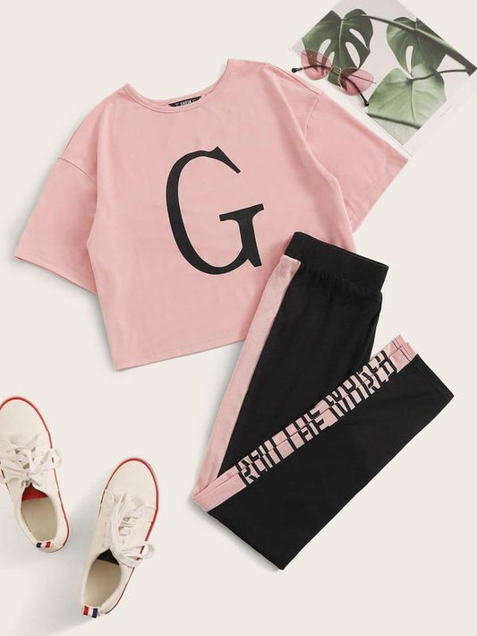 Letter Graphic Crop Tee and Contrast Sideseam Pants PJ Set for Women