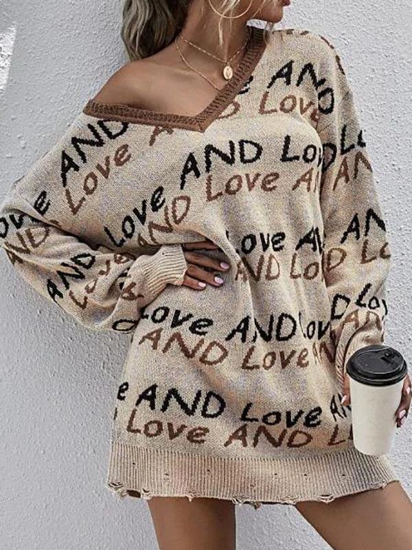 Lettering Graphic Distressed V Neck Sweater Dress for Women